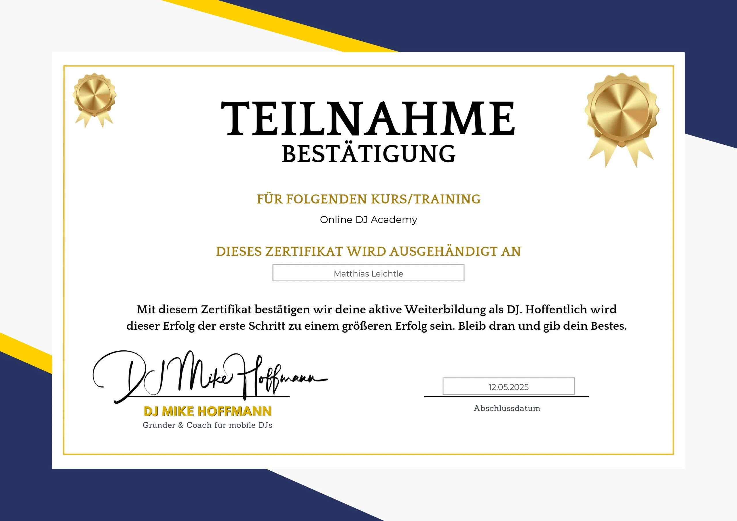 Zertifikat der DJ Academy für Matthias Leichtle